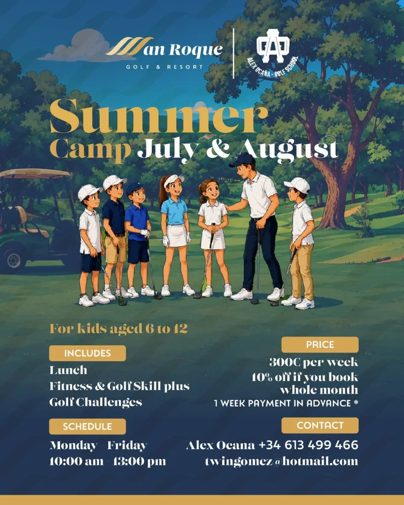 Cartel del campamento de golf San Roque Summer Camp con la escuela Alex Ocaña
