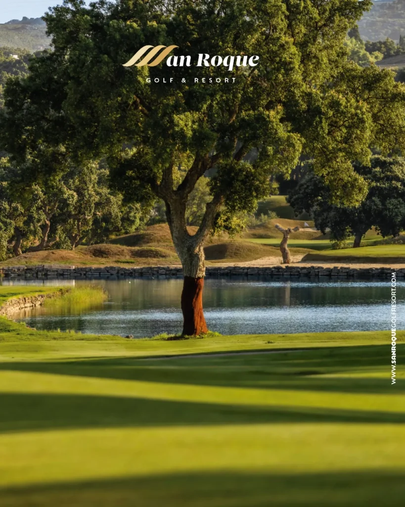 Golf entre alcornoques en San Roque Golf & Resort: hoyo junto al lago con un alcornoque centenario en primer plano