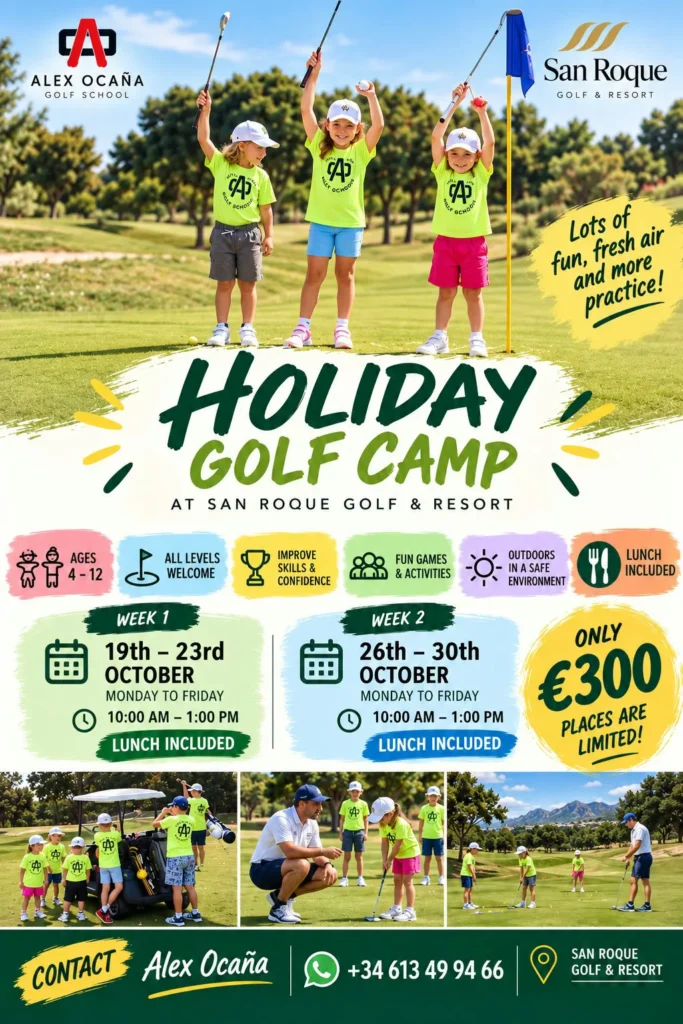 Cartel del Holiday Golf Camp en San Roque Golf & Resort con la escuela de Alex Ocaña, para niños de 4 a 12 años